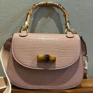 Precious Blush Pink Croc-Embossed Handbag with Bamboo look Handle & Gold Accent
